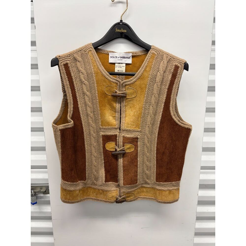 Dolce & Gabbana Leather Wool Vest Toggle Closure Size 48